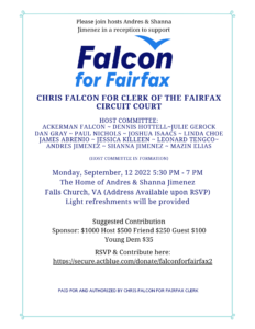 Chris Falcon for Fairfax Clerk of Court Fundraiser @ Home of Andres and Shanna Jimenez (Address available upon RSVP)