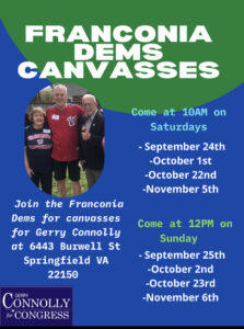 Franconia Dems Canvasses for Rep. Gerry Connolly! @ Pick Up & Launch Location: