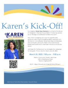 Karen Keys-Gamarra for Delegate HD-7 Campaign Kick-Off @ Reston Community Center Lake Anne
