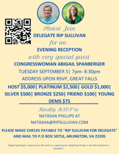 An Evening Reception with Delegate Rip Sullivan & Special Guest Congresswoman Abigail Spanberger @ Great Falls address provided upon RSVP